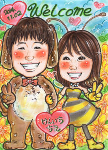 田村まりりの似顔絵　犬とミツバチ